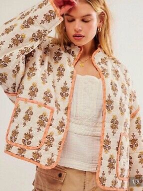 Free People Chloe Quilted Jacket in Cream with Peach Trim